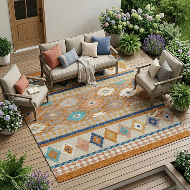 10' X 14' Orange And Copper Southwestern Washable Indoor Outdoor Area Rug