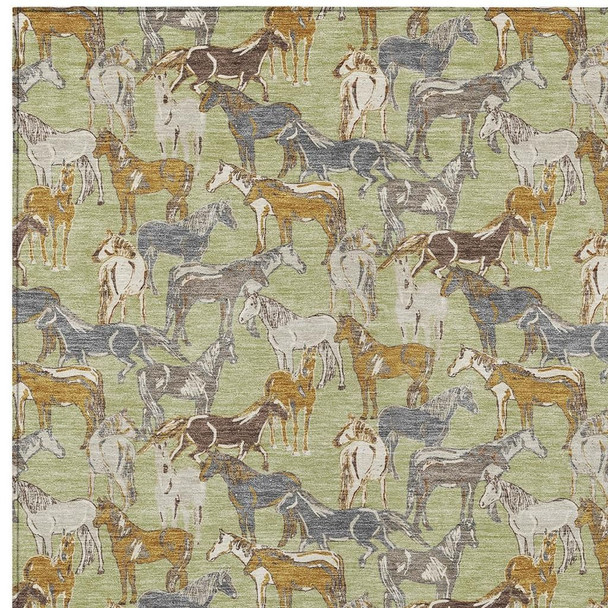 8' X 10' Green And Beige Horse Washable Indoor Outdoor Area Rug