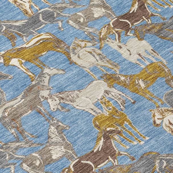 8' X 10' Denim Blue And Beige Horse Washable Indoor Outdoor Area Rug