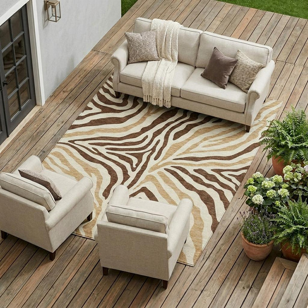 8' X 10' Brown And Beige Zebra Print Washable Indoor Outdoor Area Rug
