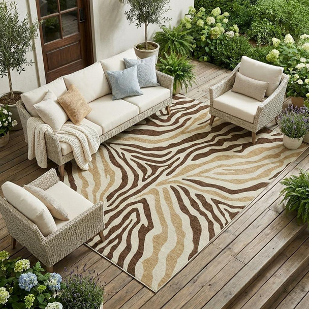 9' X 12' Brown And Beige Zebra Print Washable Indoor Outdoor Area Rug