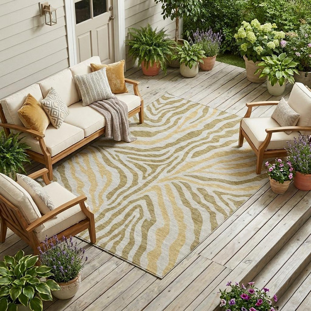 9' X 12' Walnut And Gold Zebra Print Washable Indoor Outdoor Area Rug