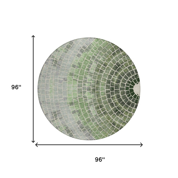 8' Green And Olive Green Round Geometric Washable Indoor Outdoor Area Rug