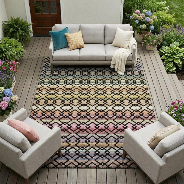 8' X 10' Black And Gold Striped Washable Indoor Outdoor Area Rug