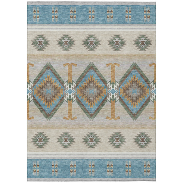 10' X 14' Teal Blue And Beige Southwestern Washable Indoor Outdoor Area Rug