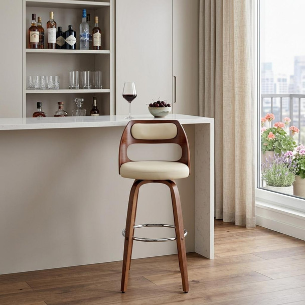 30" Cream and Brown Faux Leather Swivel Bar Chair