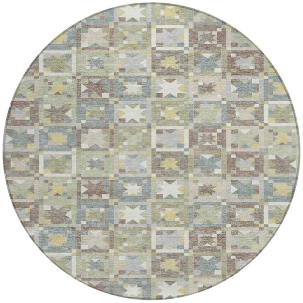 8' Green And Brown Round Patchwork Washable Indoor Outdoor Area Rug