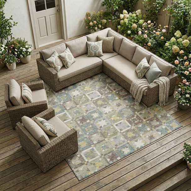 10' X 14' Green And Brown Patchwork Washable Indoor Outdoor Area Rug