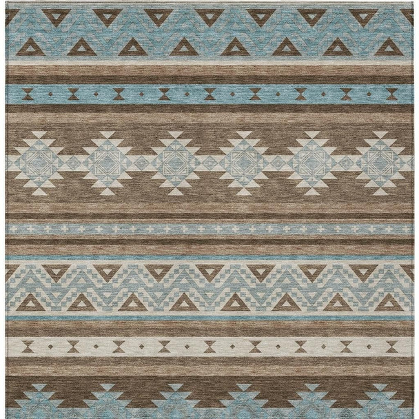 9' X 12' Chocolate And Teal Blue Southwestern Washable Indoor Outdoor Area Rug
