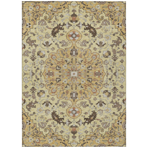 8' X 10' Gold And Copper Floral Medallion Washable Indoor Outdoor Area Rug