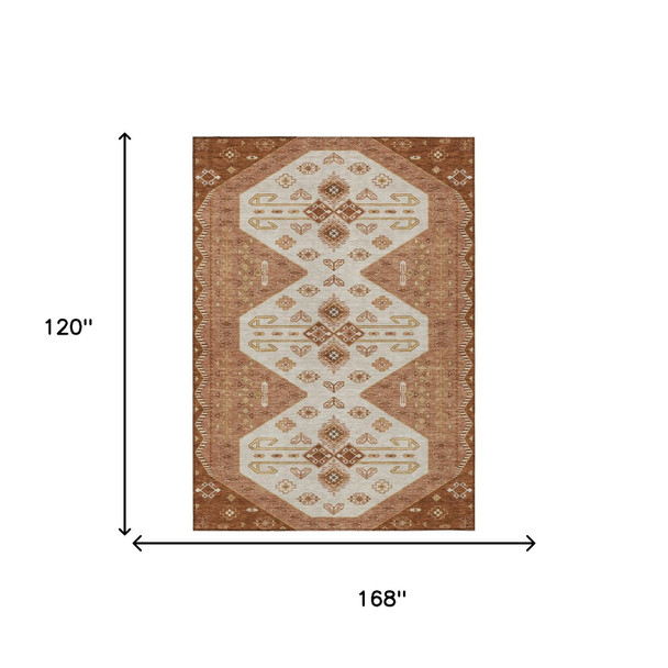 10' X 14' Orange And Copper Geometric Washable Indoor Outdoor Area Rug