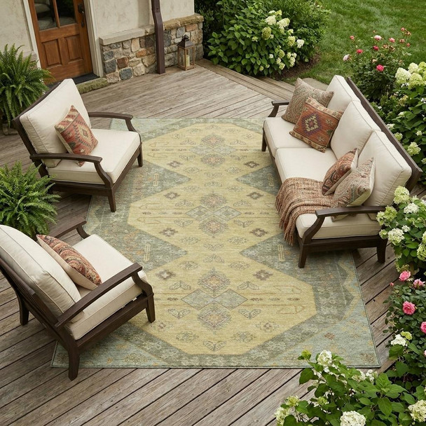 10' X 14' Sage And Wheat Geometric Washable Indoor Outdoor Area Rug