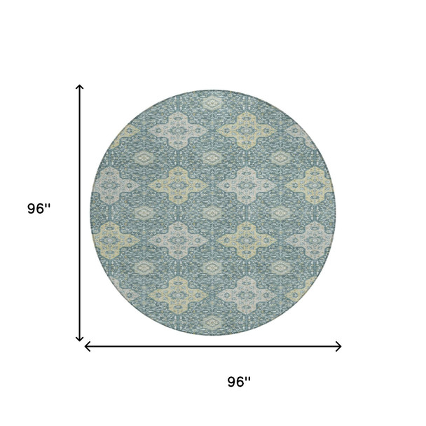 8' X 8' Teal Blue And Silver Round Damask Washable Indoor Outdoor Area Rug