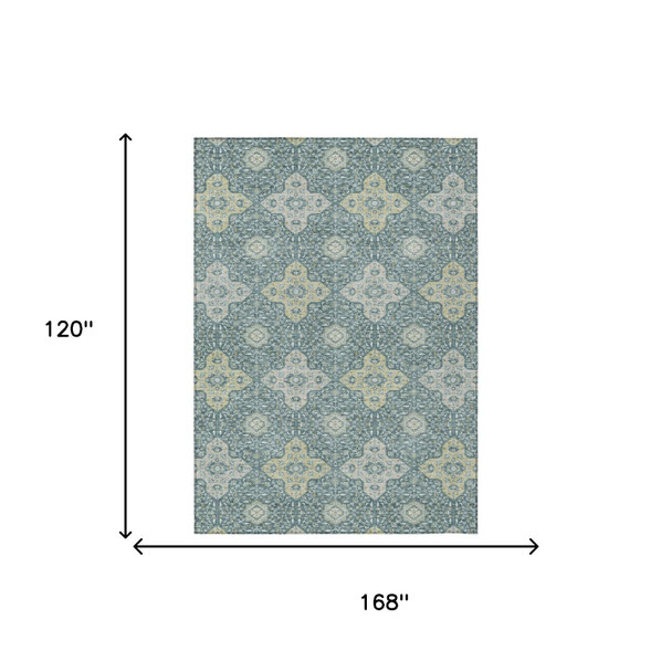 10' X 14' Teal Blue And Silver Damask Washable Indoor Outdoor Area Rug
