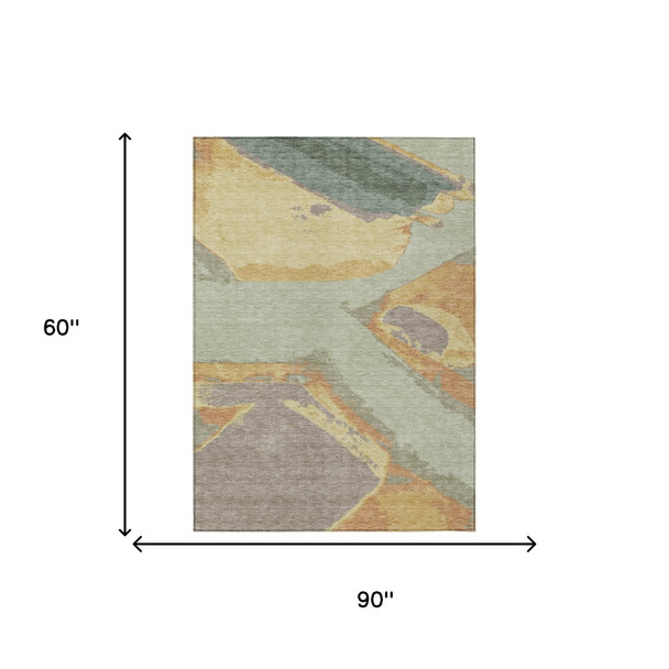 5' X 8' Green And Sage Abstract Washable Indoor Outdoor Area Rug