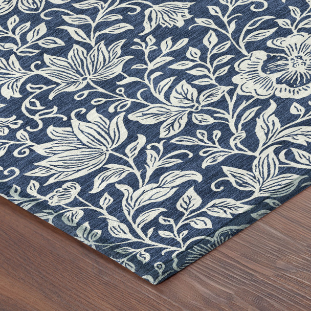 3' X 5' Navy Blue And Ivory Floral Washable Indoor Outdoor Area Rug