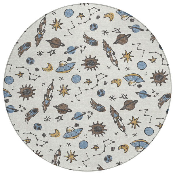 8' Ivory And Gold Round Animal Print Washable Indoor Outdoor Area Rug