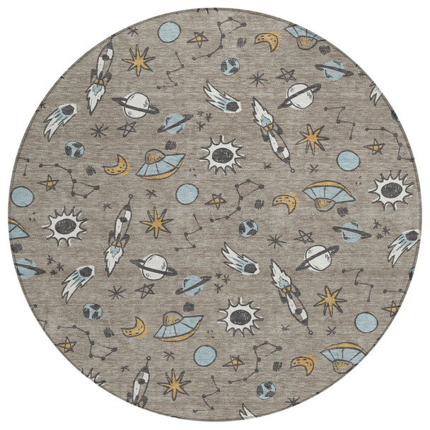 8' Taupe And Gray Round Animal Print Washable Indoor Outdoor Area Rug