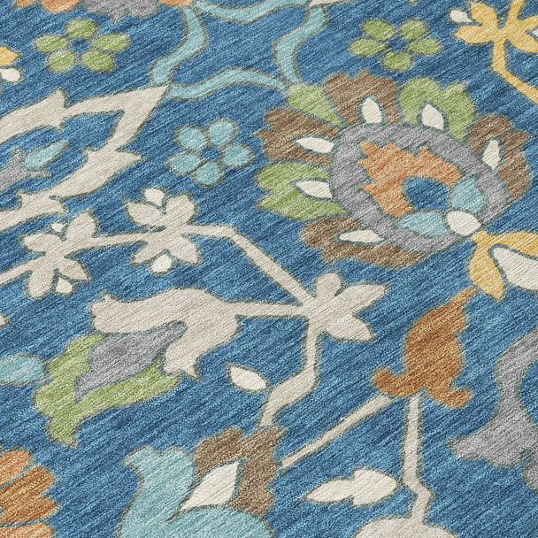 8' Blue And Brown Round Floral Washable Indoor Outdoor Area Rug