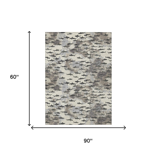 5' X 8' Beige And Gray Horse Washable Indoor Outdoor Area Rug