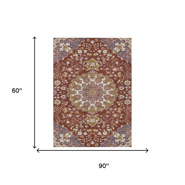 5' X 8' Burgundy And Red Damask Washable Indoor Outdoor Area Rug