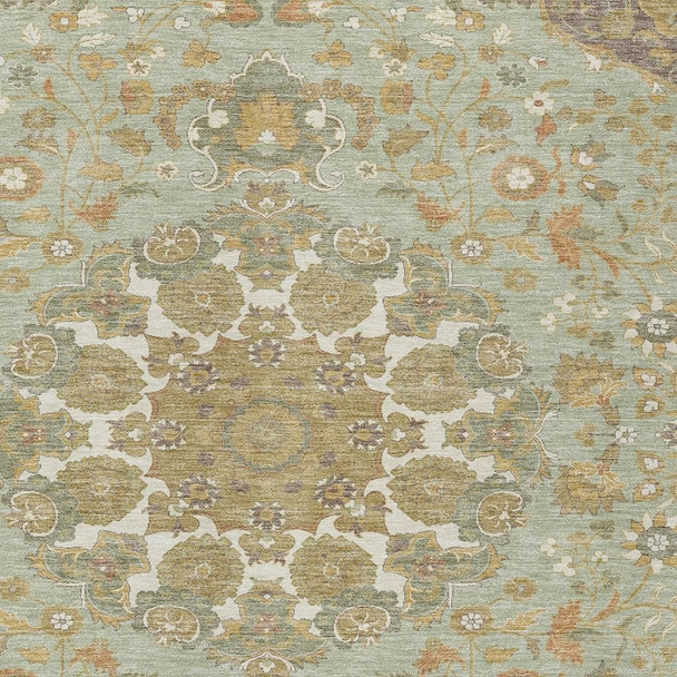 3' X 5' Green And Taupe Damask Washable Indoor Outdoor Area Rug