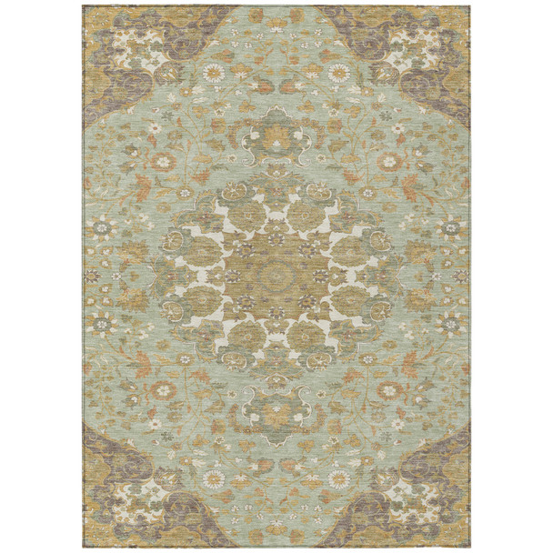 10' X 14' Green And Taupe Damask Washable Indoor Outdoor Area Rug