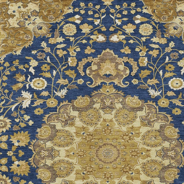 8' X 10' Navy Blue And Blue Damask Washable Indoor Outdoor Area Rug