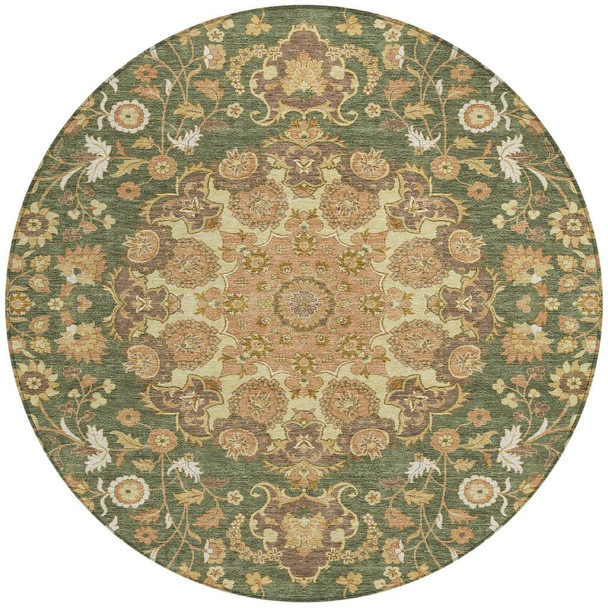 8' Olive Green And Green Round Damask Washable Indoor Outdoor Area Rug
