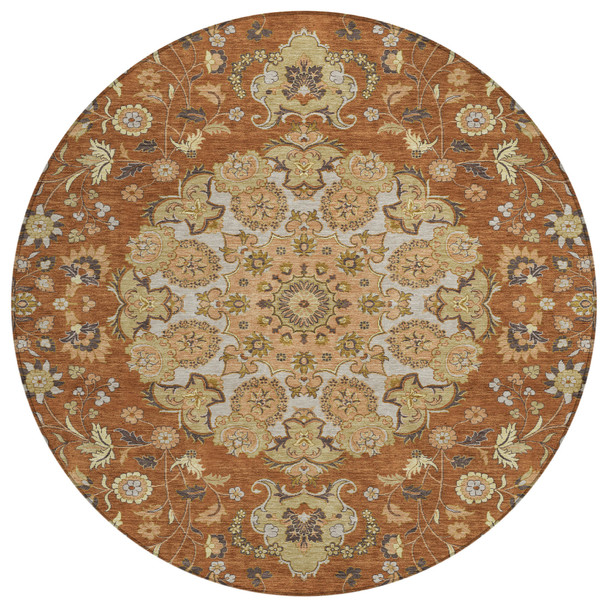 8' Orange And Brown Round Damask Washable Indoor Outdoor Area Rug
