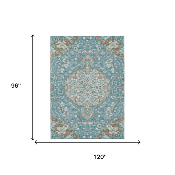 8' X 10' Teal Blue And Pewter Damask Washable Indoor Outdoor Area Rug