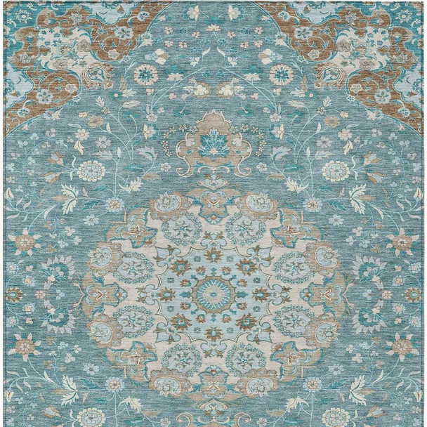9' X 12' Teal Blue And Pewter Damask Washable Indoor Outdoor Area Rug