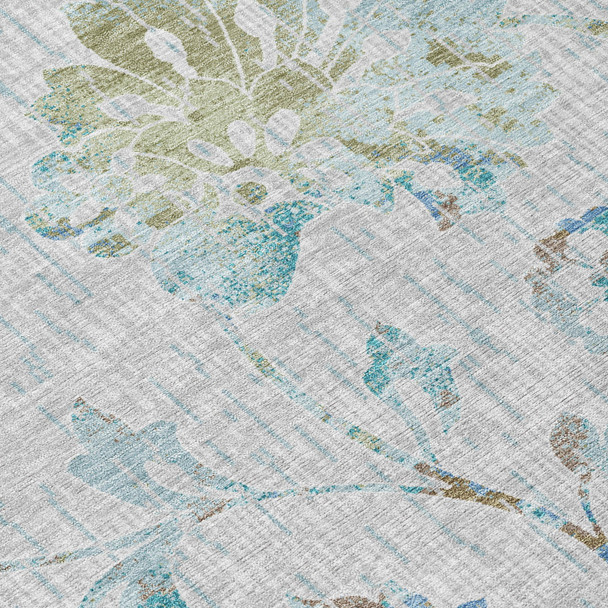 9' X 12' Silver And Gray Floral Washable Indoor Outdoor Area Rug