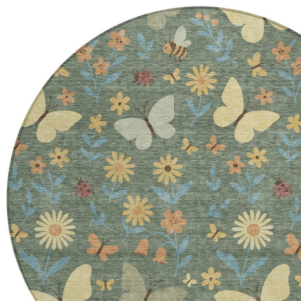 8' Green And Wheat Round Abstract Washable Indoor Outdoor Area Rug