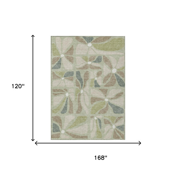 10' X 14' Green And Ivory Floral Washable Indoor Outdoor Area Rug