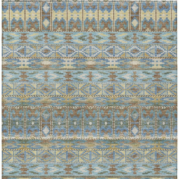 9' X 12' Teal Blue And Khaki Geometric Washable Indoor Outdoor Area Rug