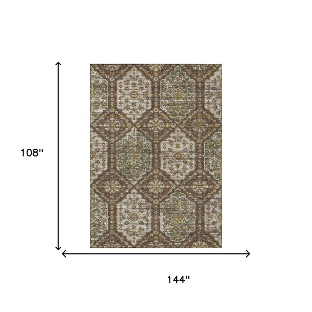 9' X 12' Chocolate And Brown Damask Washable Indoor Outdoor Area Rug