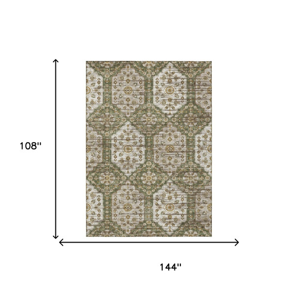9' X 12' Olive Green And Green Damask Washable Indoor Outdoor Area Rug