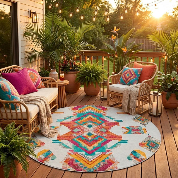 8' Ivory And Coral Round Tribal Washable Indoor Outdoor Area Rug