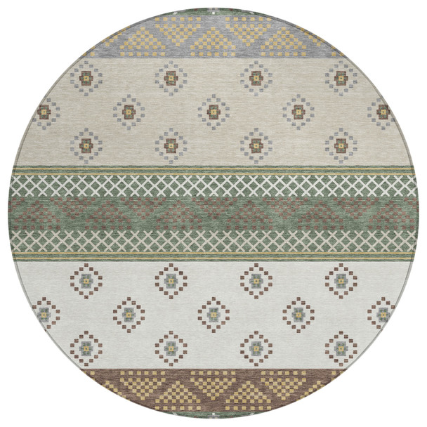 8' Green And Copper Round Striped Washable Indoor Outdoor Area Rug