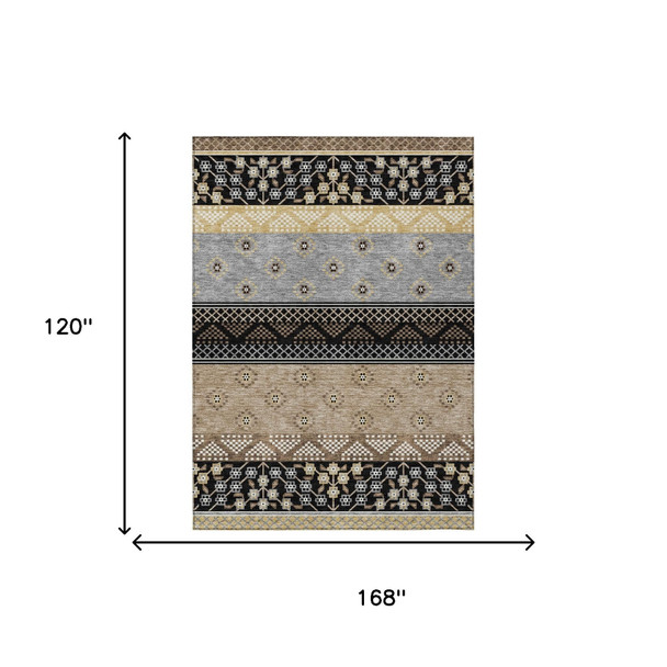 10' X 14' Black And Beige Striped Washable Indoor Outdoor Area Rug