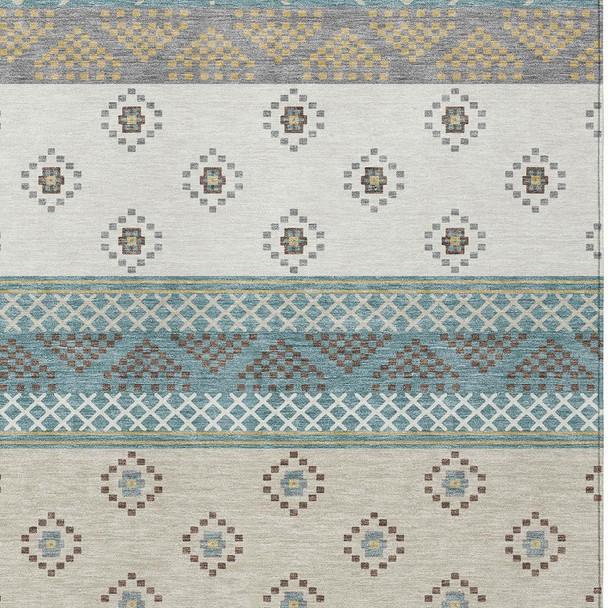 8' X 10' Teal Blue And Beige Striped Washable Indoor Outdoor Area Rug