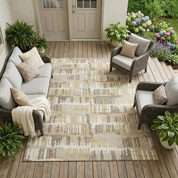 9' X 12' Beige And Taupe Abstract Washable Indoor Outdoor Area Rug