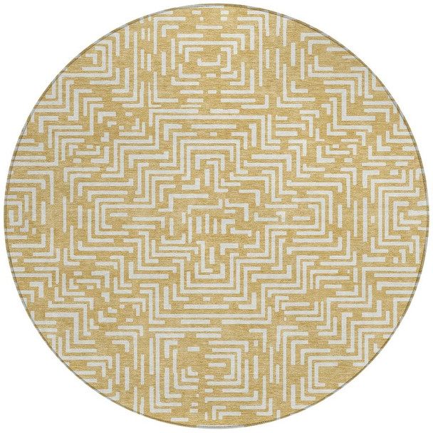 8' Gold And Brown Round Geometric Washable Indoor Outdoor Area Rug