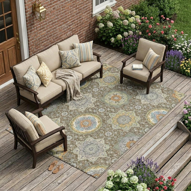 9' X 12' Taupe And Ivory Floral Medallion Washable Indoor Outdoor Area Rug