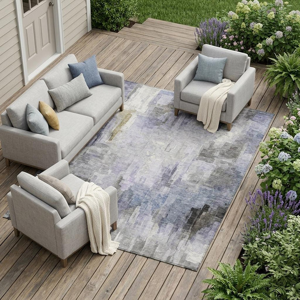 9' X 12' Lavender And Gray Abstract Washable Indoor Outdoor Area Rug