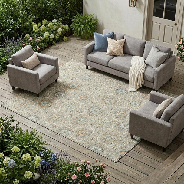 8' X 10' Beige And Brown Floral Medallion Washable Indoor Outdoor Area Rug