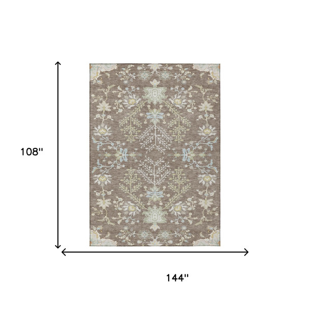 9' X 12' Taupe And Ivory Oriental Washable Indoor Outdoor Area Rug