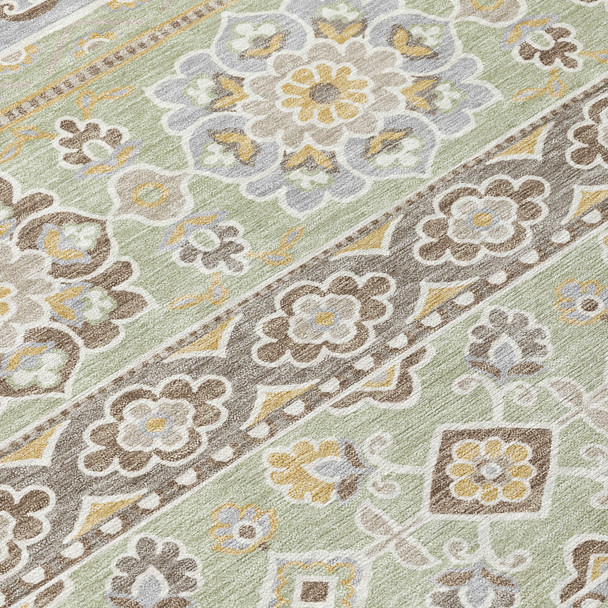 10' X 14' Green And Ivory Tribal Washable Indoor Outdoor Area Rug