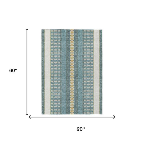5' X 8' Teal Blue And Gold Striped Washable Indoor Outdoor Area Rug